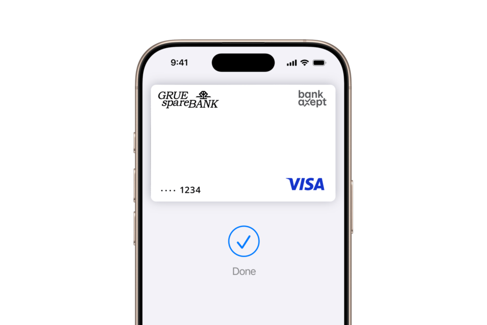 IPhone viser et digitalt betalingskort med bekreftelse 'Done'.